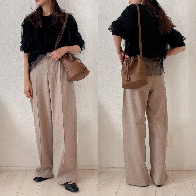 ユニクロブラッシュドジャージーワイドパンツ黒チュール甘辛コーデ