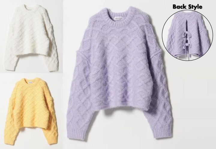画像: ＜EMMEL REFINES＞EM バックリボン ケーブルニット プルオーバー（ホワイト/イエロー/ライラック）各¥12,980 出典：ユナイテッドアローズ グリーンレーベル リラクシング