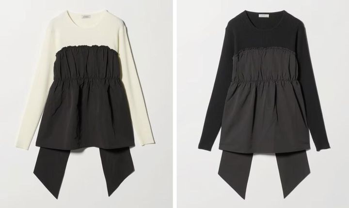 画像: タフタ ドッキング リボン プルオーバー ニット ウォッシャブル（オフホワイト/ブラック）各¥10,890 出典：ユナイテッドアローズ グリーンレーベル リラクシング