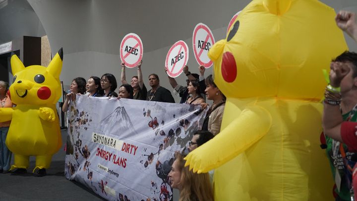 日本を代表するキャラクターのピカチュウ、そして富士山のイラストとともに、日本への抗議を行う参加者たち。