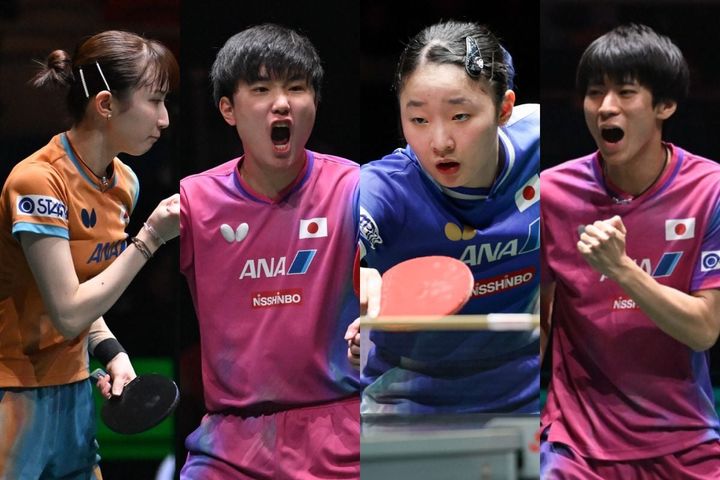 早田ひな（左から）、張本智和、張本美和、戸上隼輔（C）ITTF