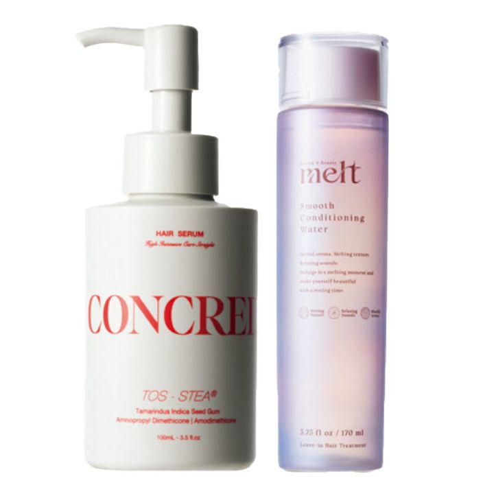 （右）まとまりやすく整える。メルト スムースコンディショニングウォーター 170mL ¥1,430（編集部調べ）／花王 （左）毛髪補修・うねりケア成分配合。コンクレッド ハイインテンシブケア ストレート ５％濃度 ヘアセラム 100mL¥1,980／マツキヨココカラ＆カンパニー