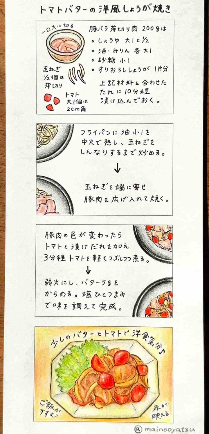 4コマレシピ トマトバターの洋風しょうが焼き まいのおやつ