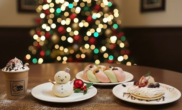 「ジェム・クレームココア」(750円)、「雪だるまパン」(320円)、「果実のパンケーキ」(1400円)、「クリスマスリースブレッド」(350円)