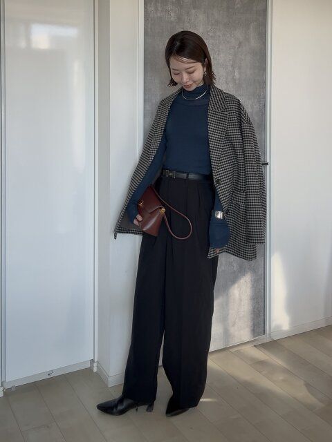 GUコージーメルトンチェックハーフコートのオフィススタイル