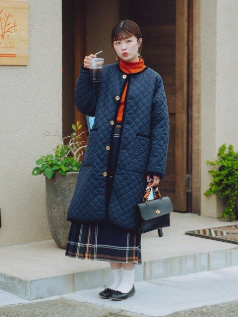 2025冬大人可愛いキルティングロングコートコーデ