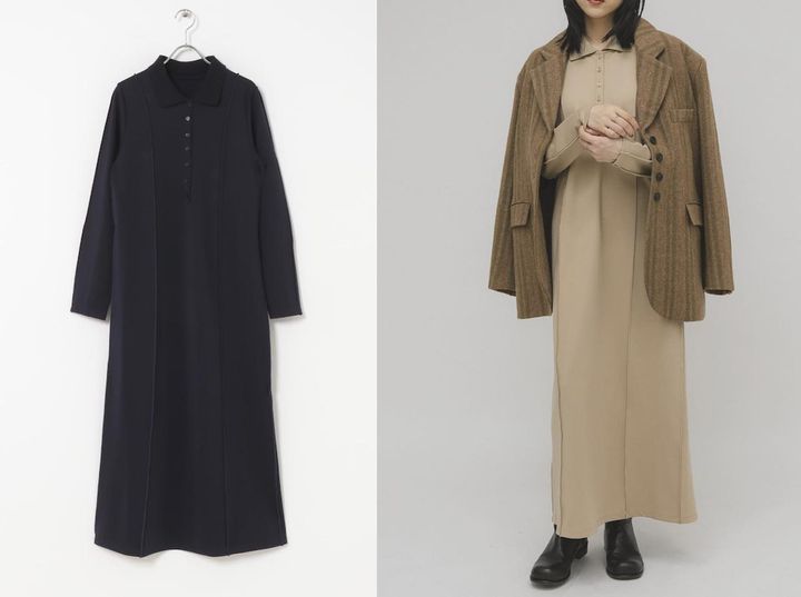 画像: KBF ペンシルカットワンピース（ダークネイビー/ベージュ）各¥8,800（ともにアーバンリサーチ）