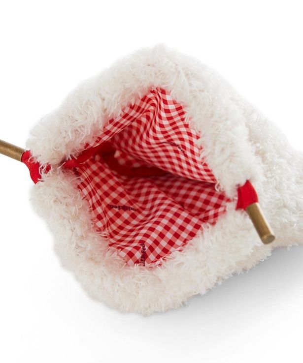 巾着ポーチの内側は赤いギンガムチェック柄。開けるたびにレトロかわいい世界観に