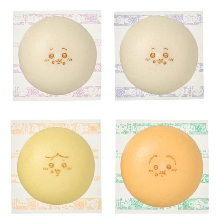 左上から時計回りに「ちいかわのごまあんまん」「ちいかわのつぶあんまん」「うさぎのピザまん」「ハチワレのカレーまん」
