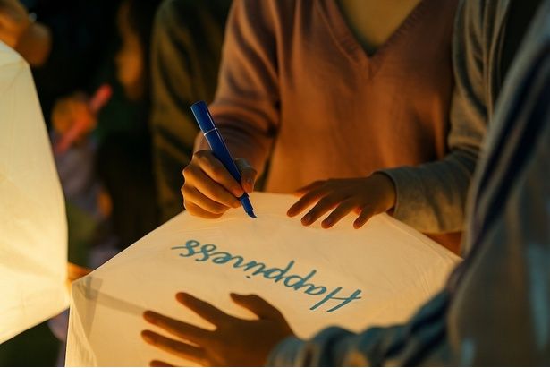 【写真】感謝の気持ちをランタンに記し、クリスマス間近の夜空へ