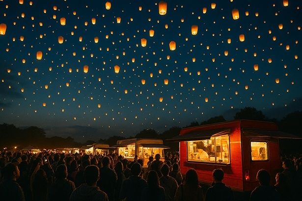 森に浮かぶ幻想的なランタン打ち上げ