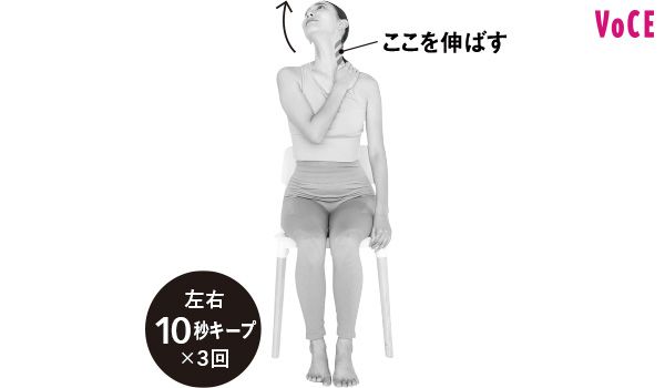 首を斜め後ろに伸ばす。左右10秒キープ×3回