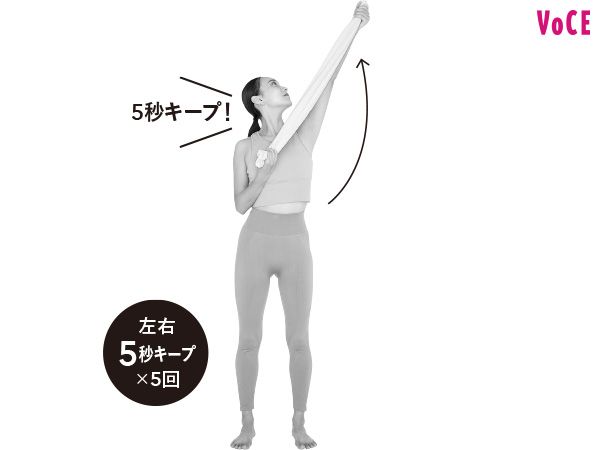 右ひじを固定し、左腕を斜め上へ。左右5秒キープ×5回