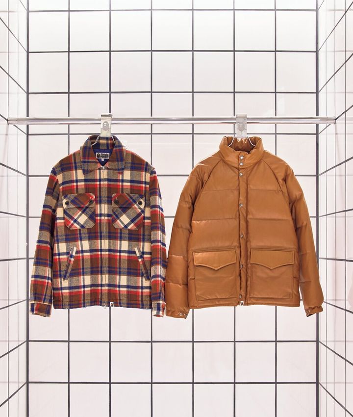 A BATHING APE®の新作アウター BAPE® CHECK ZIP JACKET、RIGHT: LEATHER CLASSIC DOWN JACKET