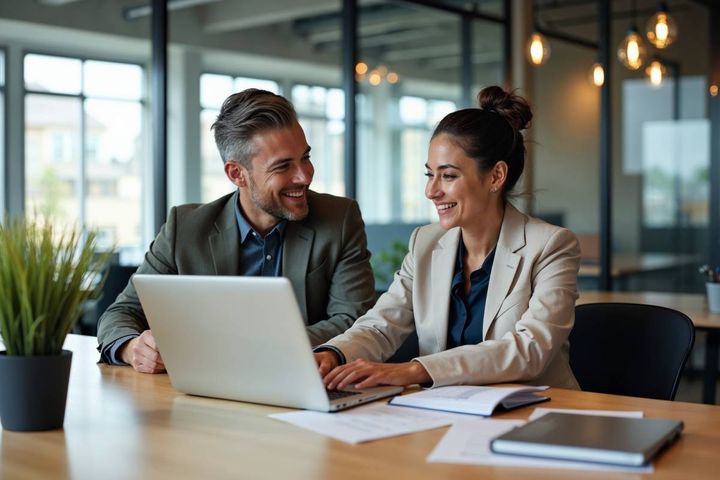パソコンを見ながら話し合う男女