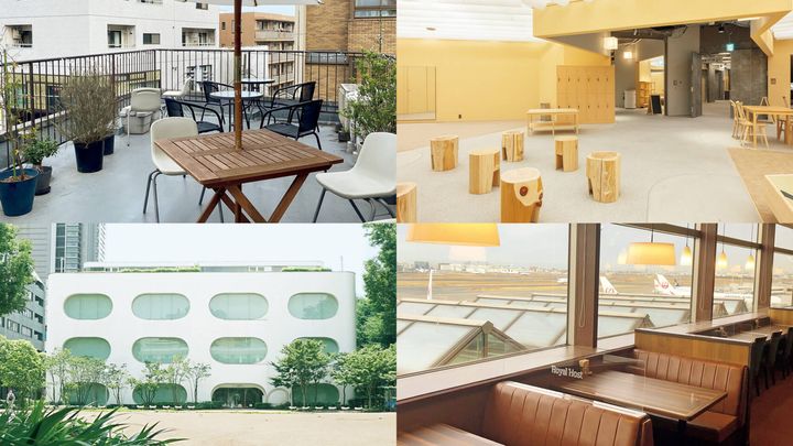 三軒茶屋〈twililight〉屋上、武蔵野〈ひと・まち・情報 創造館武蔵野プレイス〉外観、原宿〈小杉湯原宿〉内観、ロイヤルホスト羽田空港店 店内