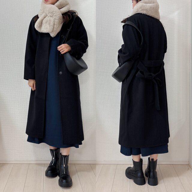 GUコージーメルトンバルマカーンコートとワンピースコーデ