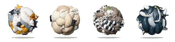 「ぎゅうぎゅう」のラインナップ。左からねこぎゅう、ひつじぎゅう、ワオキツネザルぎゅう、ぺんぎんぎゅう