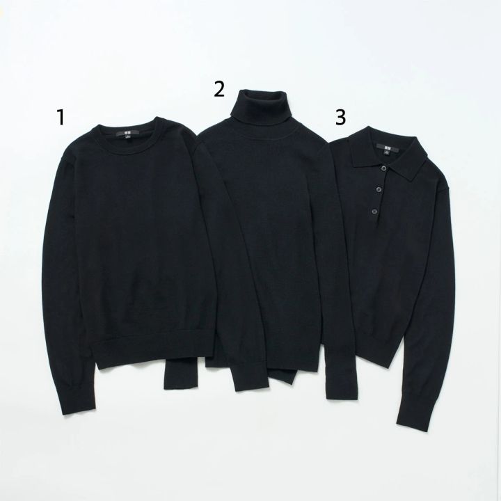 ユニクロ UNIQLO 黒セーター 黒トップス メリノクルーネックセーター メリノリブタートルネックセーター メリノポロセーター黒