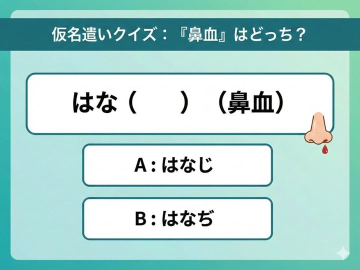 意外と迷う「鼻血」の仮名表記。正しい読みはどっち？ 「はなじ」と「はなぢ」の違いをクイズ形式で分かりやすく解説します。（サムネイル画像：AIにより作成）