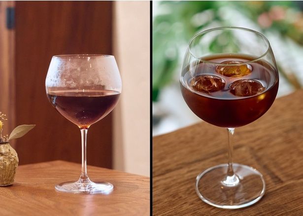 アイス、ホットどちらもワイングラスで提供。まずは香りを楽しみ、味わいに浸るはじめてのコーヒー体験を