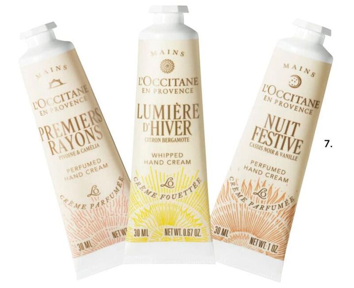  7.ホリデーライツ ハンドクリームトリオ ¥5,610〈プルミエール レイヨン パフュームド ハンドクリーム、ルミエール ディヴェール ホイップハンドクリーム、ニュイ フェスティブ パフュームド ハンドクリーム 各30mL（現品）〉（ロクシタンジャポン・限定）