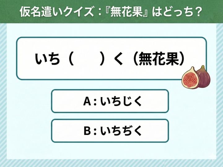 意外と迷う「無花果」の仮名表記。正しい読みはどっち？ 「いちじく」と「いちぢく」の違いをクイズ形式で分かりやすく解説します。