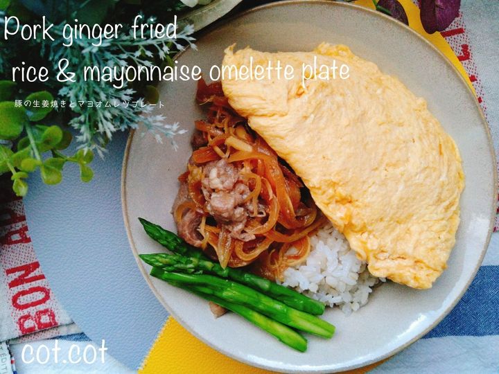 彩よくワンプレートで仕上げて。豚の生姜焼きとマヨオムレツプレート