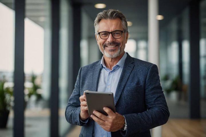 タブレットを持ちながら笑顔を向ける男性