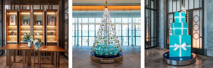 （左）ふたつのブランドのレガシーが美しく調和するディスプレイ（中）ティファニーオーナメントツリー（右）ティファニー 「バード オン ア ボックス」オーナメント