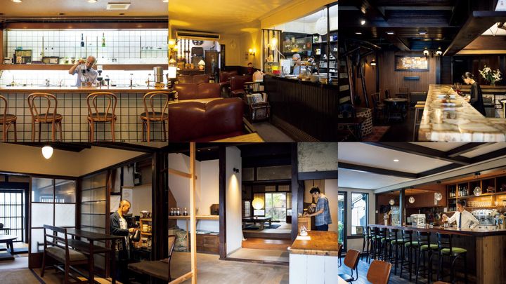 京都〈はなふさ イースト店〉店内、〈珈琲の店 雲仙〉店内、〈COFFEE Cattleya〉店内、〈暖々〉店内、〈IWASHI COFFEE〉店内、〈Okaffe Kyoto〉店内