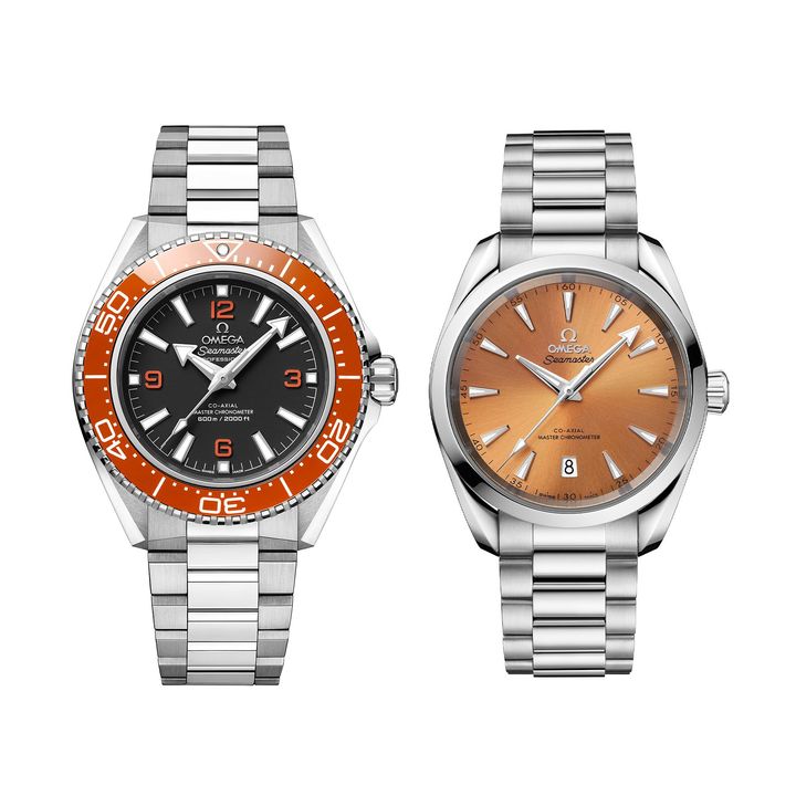 〈左〉「シーマスター プラネットオーシャン」（SS、ケース径42mm、自動巻き）￥1,342,000 〈右〉「シーマスター アクアテラ シェード」(SS、ケース径38mm、自動巻き)￥1,056,000／OMAGA