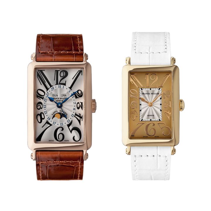 〈左〉「ロングアイランド マスターカレンダー ルナ」（PG、ケース径45×32.5mm、自動巻き）￥6,325,000 〈右〉「ロングアイランド デコ」（YG、ケース径32.5×23mm、クォーツ）￥2,189,000／FRANCK MULLER