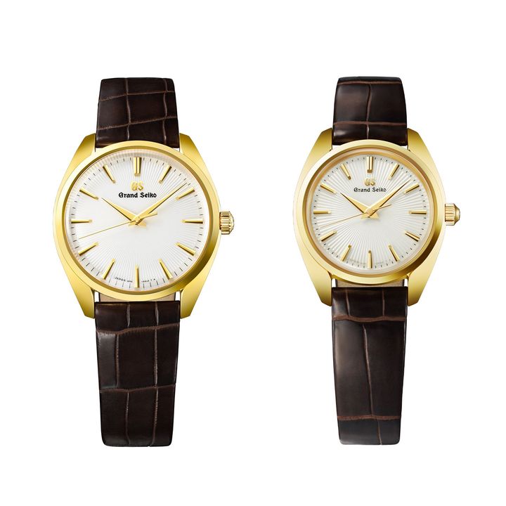 〈左〉「エレガンスコレクション SBGX330」（YG、ケース径38mm、クォーツ）￥2,420,000 〈右〉「エレガンスコレクション STGF336」（YG、ケース径26.5mm、クォーツ）￥1,639,000／GRND SEIKO