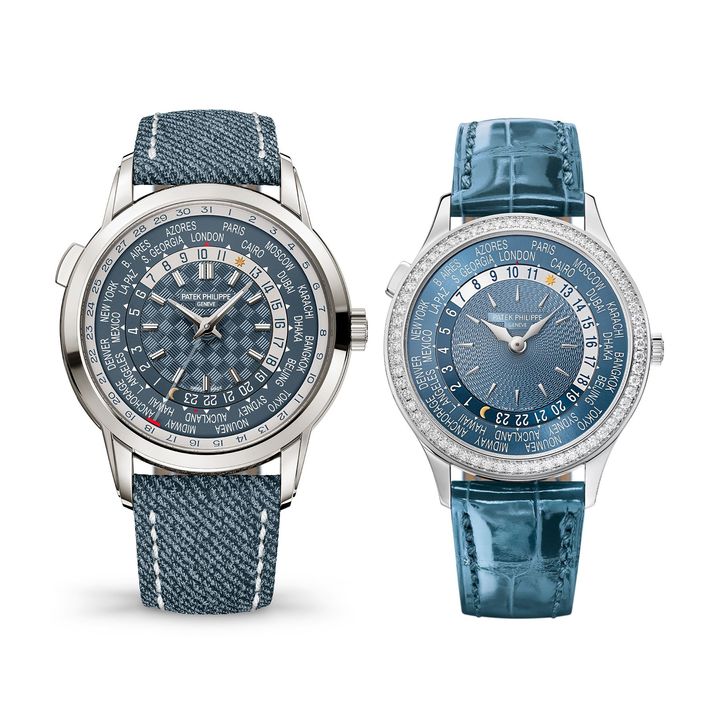 〈左〉「ワールドタイム 5330G」（WG、ケース径40mm、自動巻き）￥12,570,000 〈右〉「ワールドタイム 7130G」（WG×ダイヤモンド、ケース径36mm、自動巻き）￥10,080,000／PATEK PHILLIPPE