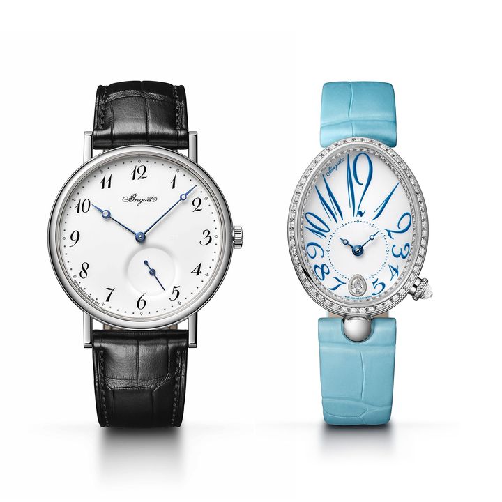 〈左〉「クラシック7147」（WG、ケース径40mm、自動巻き）￥3,938,000 〈右〉「レーヌ・ドゥ・ナーブル 8918」（WG×ダイヤモンド、ケース径36.5×28.5mm、自動巻き）￥6,831,000／BREGUET