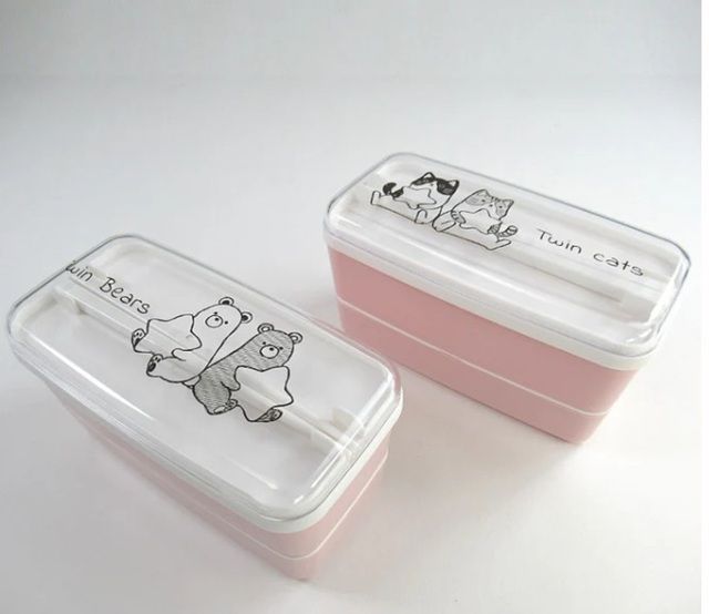 ダイソー プリント２段ランチボックス箸付き