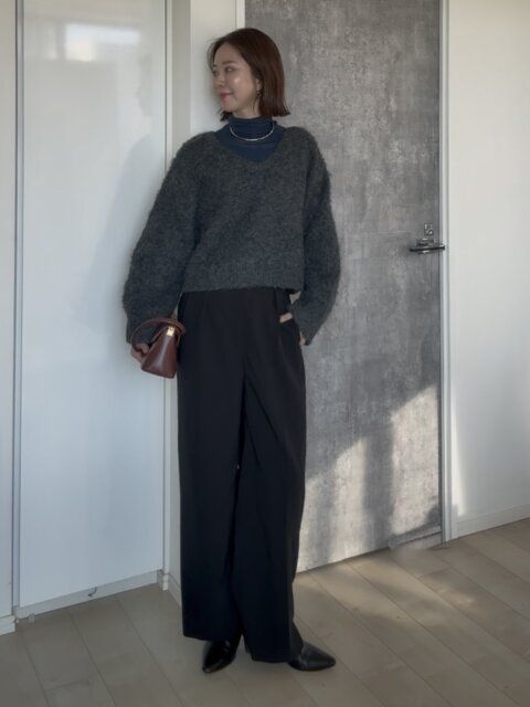 PLSTシアーリブタートルネックセーターのニットコーデ 全身