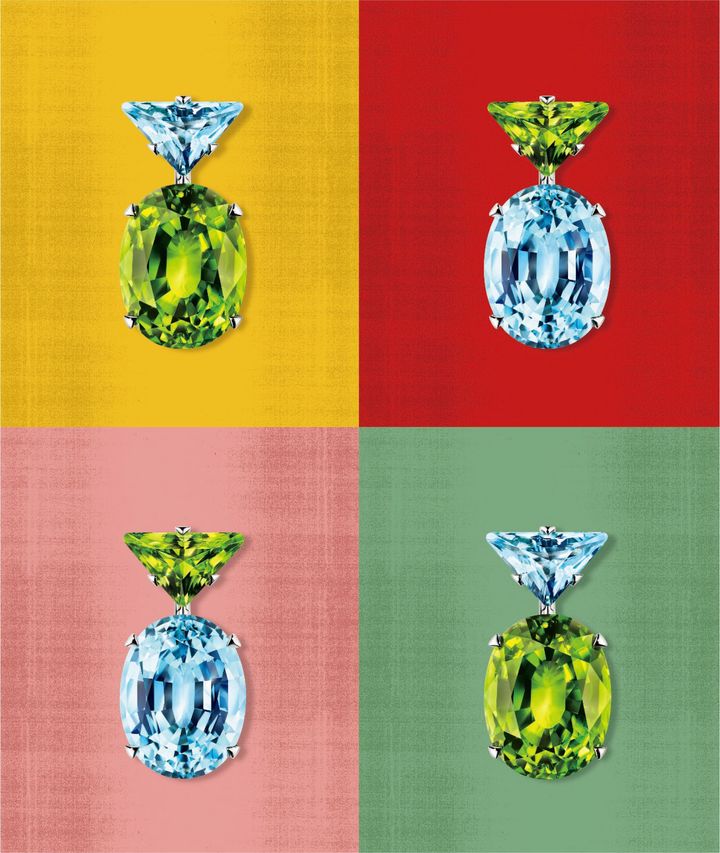 「クルール ヴィヴァント」ピアス WG×ペリドット×アクアマリン ¥24,200,000（オーダー予定価格、2026年2月以降発売予定）／PRADA（プラダ クライアントサービス）Collage by VOGUE / Photograph Courtesy of PRADA