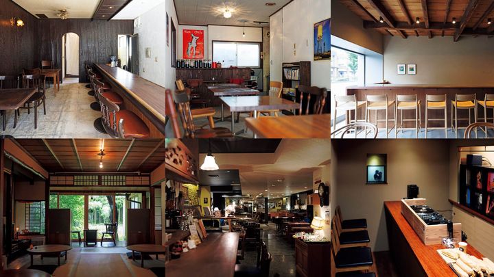京都〈伴奏珈琲店〉店内、〈しばし〉店内、〈遠藤珈琲店〉店内、〈深夜喫茶／ホール 多聞〉店内、〈HOWENE〉店内、〈古今〉店内