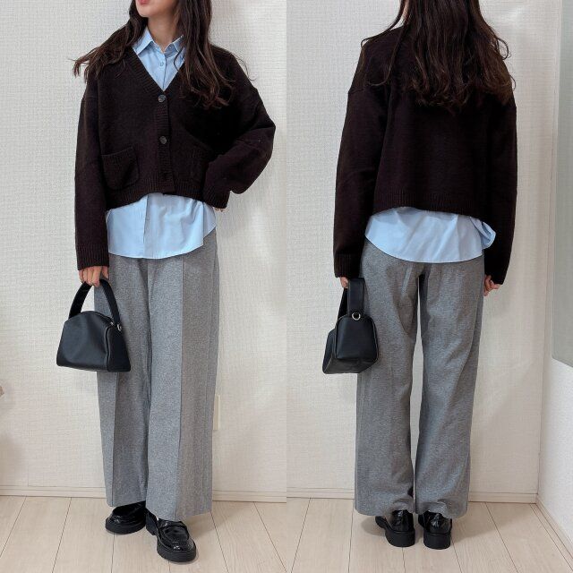 ユニクロスフレヤーンショートカーディガンとブルーシャツのレイヤードコーデ