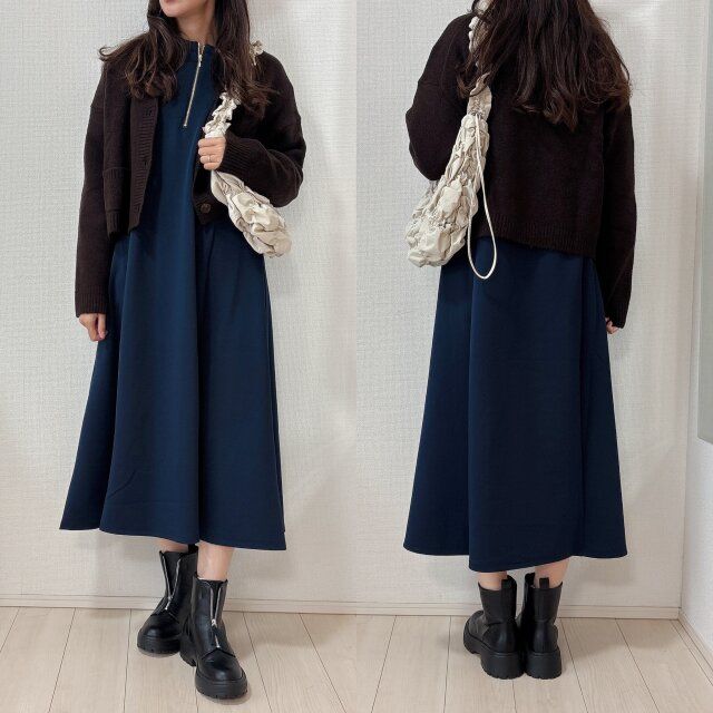 ユニクロスフレヤーンショートカーディガンとワンピースコーデ