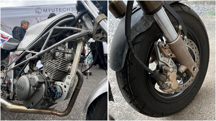 ワンオフパーツの作例。SDRの車体にセロー225のエンジンを積むためのエンジンハンガー（左）、倒立フォークのアンダーブラケットにキャリパーを装着するためのサポート（右）