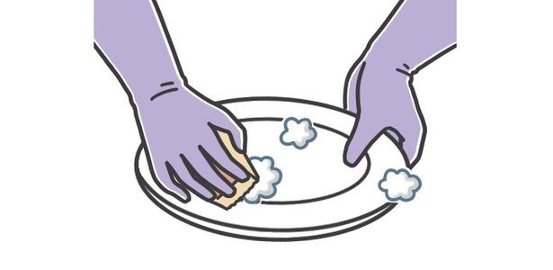 手の潤いを守るため皿洗いはゴム手袋を イラスト／西村オコ