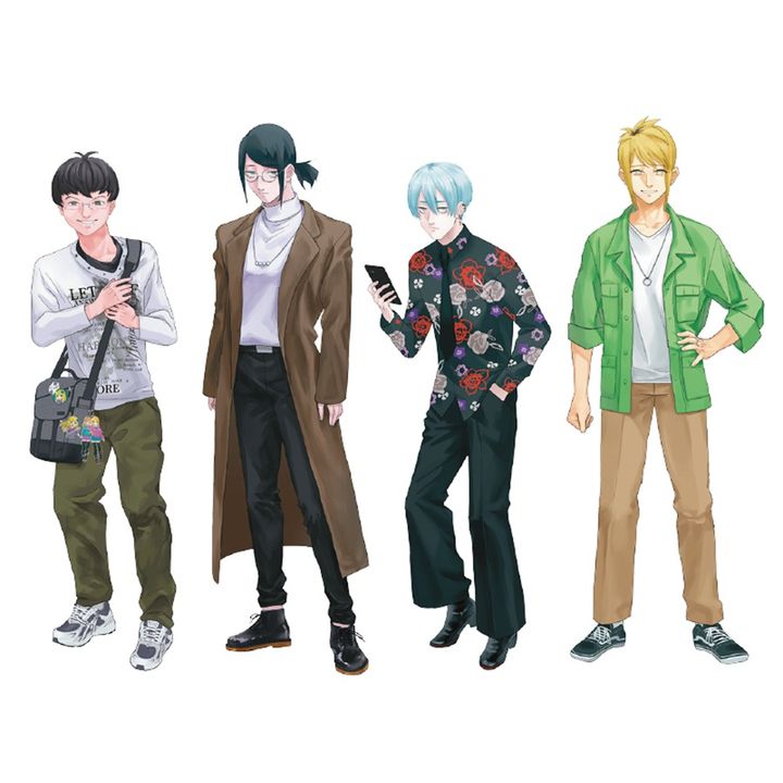 左から、超早口トークのカードゲームオタク・だいだい（大橋大河）、一見常識人だがネット論客の暴露本を愛読するなど隠し事がありそうな番井孝人、他人を拒絶し刺々しい言葉ばかりぶつけてくる格ゲーマー・ash、ダンスサークル兼部の“陽キャ”（に見えるが、本当に…？）西村陽日。気になる相手を選び、陰色の青春の日々を送ろう。