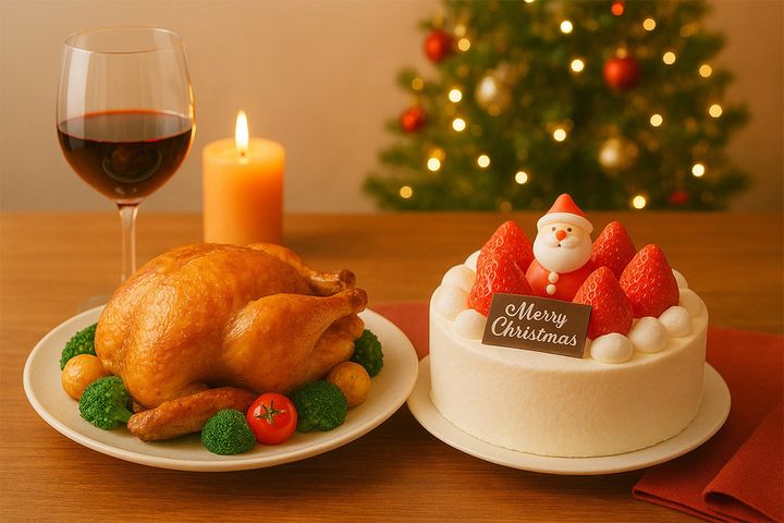 クリスマスの食卓を彩るチキン・ケーキ・お酒 ※画像はイメージです