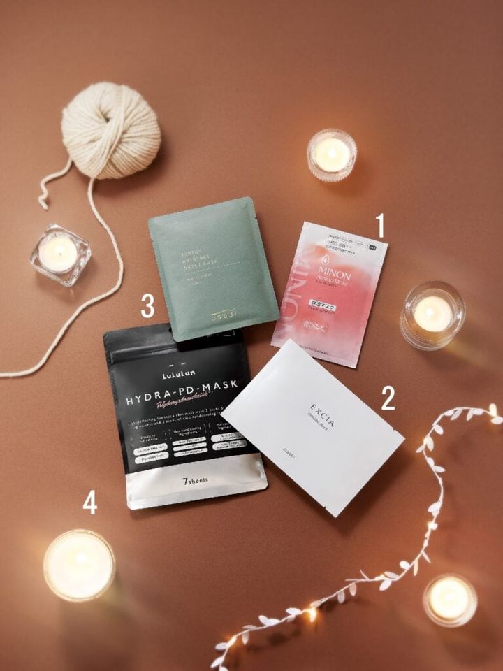 ミノン アミノモイスト ぷるぷるしっとり肌マスク4枚 ¥1,320（編集部調べ）／第一三共ヘルスケア、アルビオンエクシア クリニシャス デイズ28枚 ¥22,000、オサジチューニング モイスチャー シートマスク1枚 ¥770、ルルルンハイドラ PD マスク7枚 ¥880／Dr.ルルルン