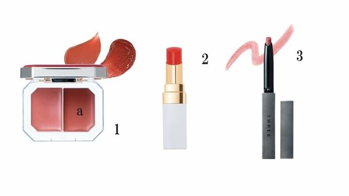 1.オルタナティブステレオ リップ&チーク ブラッシング ペンダント 07 ￥2,145／武内製薬 2.シャネル シャネル ルージュ ココ ボーム 756 ￥5,830 3.THREE ドリームオン アリューリング リルone 02 ￥4,070