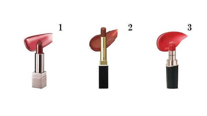 1.キスミー フェルム ルージュアクト 06 ￥1,650／KISSME（伊勢半）2.SUQQU ベルベット フィット リップスティック 08 ￥5,830（セット価格）3.コスメデコルテ ルージュデコルテ クリームグロウ 01G ￥5,500