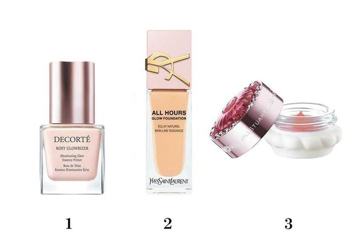1.コスメデコルテ ロージー グロウライザー + SPF15・PA++ 30㎖ ￥4,950 2.YSL BEAUTY オールアワーズ リキッド グロウ LC1 ￥8,360／イヴ・サンローラン・ボーテ 3.ジルスチュアート バウンシング マルチカラー 05 ￥3,520（限定）／ジルスチュアート ビューティ 